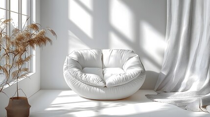 Aufkleber - Bright and serene minimalist studio room with an inviting white sofa chair placed in the center featuring soft shadows and a clean