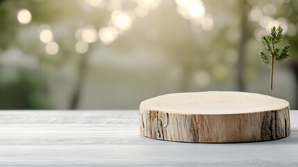 Fototapete - Close up of a side positioned wooden plate showcasing rich natural textures highlighted by a warm and gentle bokeh glow for a serene and elegant product photography backdrop