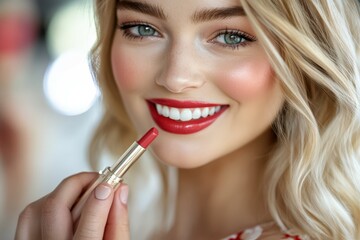 close-up of woman applying red lipstick, beauty concept. beautiful simple ai generated image