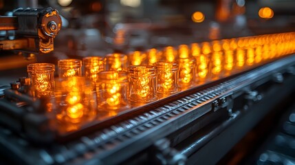 Poster - Close up view of a conveyor belt in an industrial factory carrying glowing heat emitting metal rods captured with intricate detail and showcasing the automation machinery