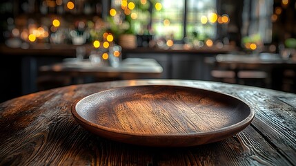 Fototapete - Close up view of a finely crafted wooden plate resting on a rustic wooden table surrounded by a warm and soft bokeh lighting effect