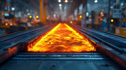 Poster - Close up view showcasing the intense heat and workflow of a factory environment with a conveyor belt transporting glowing red hot metal rods through the industrial setting