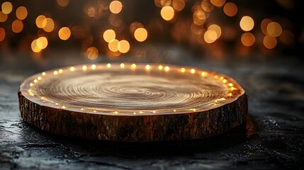 Fototapete - composition with a warm glowing wooden plate at the side illuminated by a soft and elegant bokeh light creating a rustic and cozy backdrop perfect for stilllife projects