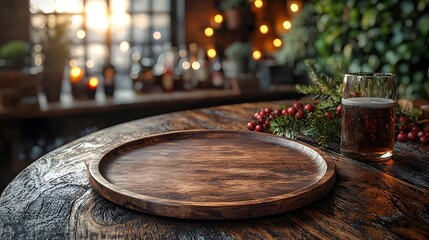 Fototapete - Cozy and Intimate Vintage Bar Setting with a Rustic Wooden Plate Resting on a Weathered Wooden Table Surrounded by a Warm and Festive Atmosphere in the Background