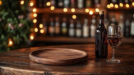 Poster - Cozy and inviting bar setting featuring a natural wooden plate on a warm rustic wooden table enhanced by the gentle glow of soft