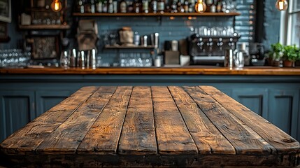 Fototapete - Cozy and inviting rustic wooden table in the foreground of a vintage bar scene featuring an array of decorative elements in the background for a warm and welcoming atmosphere