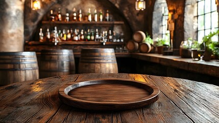 Fototapete - Cozy and Inviting Rustic Bar Scene with Weathered Wooden Table Barrels and Warm Vintage Lighting Creating a Charming and Atmospheric Ambiance
