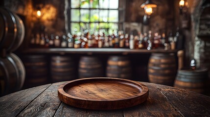 Fototapete - Cozy and Rustic Bar Setting with a Weathered Wooden Plate on a Vintage Table Surrounded by Oak Barrels and Softly Lit by Warm Vintage Lighting Creating a Nostalgic and Inviting Atmosphere