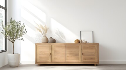 Aufkleber - Cozy and Minimalist Living Room with Tasteful Wooden Cabinet Decor   Simple White Wall Background and Natural Lighting Create a Peaceful Tranquil Atmosphere