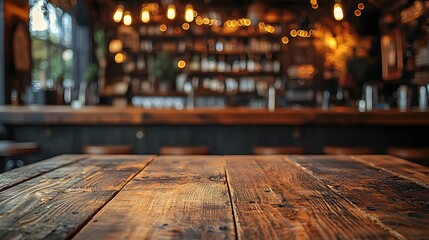 Poster - Cozy and rustic country style bar or pub interior backdrop featuring a wooden table board in the foreground with blurred lighting and decor elements creating a warm and inviting atmosphere