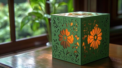 Sticker - Illuminated green floral cube lamp on wooden table.