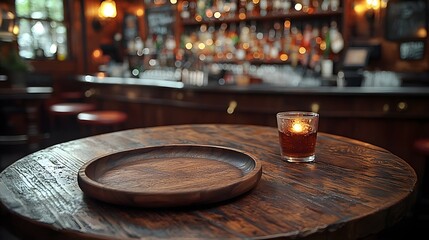 Fototapete - Cozy and welcoming rustic bar setting with a wooden table and plate in the foreground surrounded by a soft warm glow of bokeh lighting for a comforting intimate atmosphere