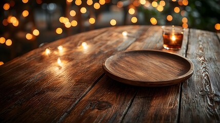 Aufkleber - Cozy Bar Setting Featuring Wooden Plate on Natural Wood Table with Warm Bokeh Lights Creating a Rustic and Inviting Ambiance