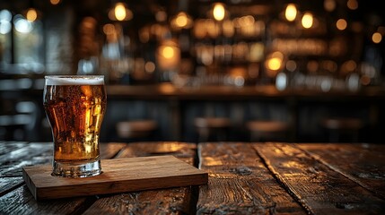 Fototapete - Cozy country style bar backdrop featuring a wooden table board in the foreground with a blurred interior and warm inviting lighting creating a relaxed rustic atmosphere