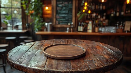 Poster - Cozy countryside bar scene featuring a rustic wooden plate on a table surrounded by warm lighting and natural wooden decor creating a inviting and relaxing atmosphere