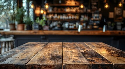 Fototapete - Cozy country style bar interior featuring a wooden table board in the foreground with a blurred backdrop of a rustic bar setup including shelves bottles and lighting fixtures