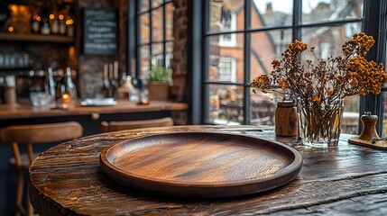 Fototapete - Cozy countryside bar scene featuring a rustic wooden plate placed on a weathered wooden table in the foreground surrounded by warm tones vintage decor and a comfortable inviting atmosphere