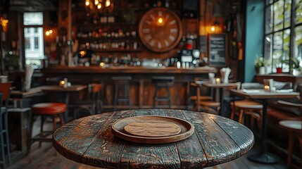 Fototapete - Cozy Countryside Bar Scene with Rustic Wooden Plate on Table Framed by Warm Lighting and Natural Wooden Decor Elements