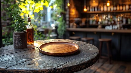 Poster - Cozy countryside rustic bar featuring a natural wooden plate on a weathered table illuminated by golden soft bokeh lighting creating a warm and inviting ambiance