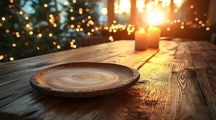 Aufkleber - Cozy rustic wooden table with a natural plate in the foreground surrounded by a soft and dreamy bokeh glow in a serene forest environment