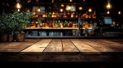 Fototapete - Cozy wooden table board in the foreground with a blurred rustic bar background featuring warm glowing lighting and vintage decor elements creating a relaxing social atmosphere