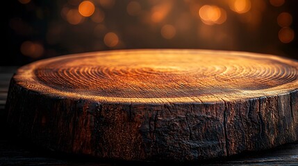 Fototapete - Detailed side view of a rustic weathered wooden plate used as a natural and cozy background enhanced by a warm soft bokeh glow for a serene and inviting atmosphere