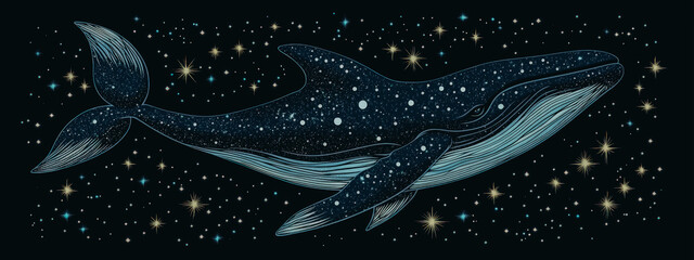 Wall Mural - A whale is flying through the stars in a black and white image
