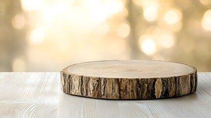 Fototapete - Detailed side view of a wooden plate featuring natural textures and a soft golden bokeh glow for a warm and inviting composition perfect for home kitchen dining or product photography