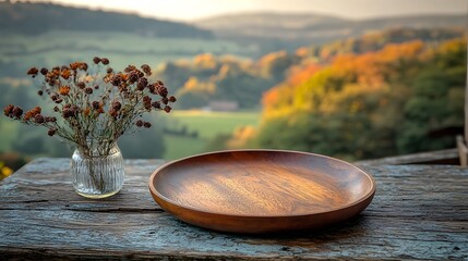 Aufkleber - Detailed wooden plate rests on a weathered table in the foreground set against a blurred countryside backdrop with warm autumnal tones and lush foliage
