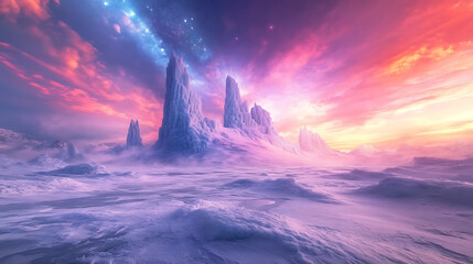 Wall Mural - expansive frozen tundra with towering ice formations under a vibrant sky