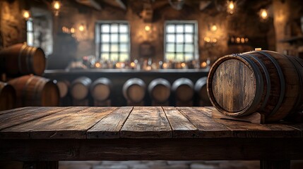 Fototapete - Detailed wooden table in the foreground with a rustic countryside bar background featuring barrels and soft lighting creating a cozy inviting atmosphere