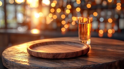 Fototapete - Dreamy countryside bar setting with a weathered wooden plate resting on a rustic tabletop surrounded by a gentle golden bokeh glow that creates a warm cozy and inviting ambiance