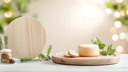 Leinwandbilder - Elegant and Minimalist Food Photography Backdrop with Wooden Plate and Soft Glowing Bokeh Effect for Added Warmth and Cozy Atmosphere