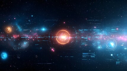 Poster - Elegant seamless cosmic space pattern showcasing glowing shimmering galaxies nebulae and starry skies in vibrant shades of deep pink and purple  This digital abstract design creates a futuristic
