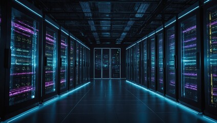 Wall Mural - a dark, high-tech data technology center filled with glowing server racks, symbolizing the internet 