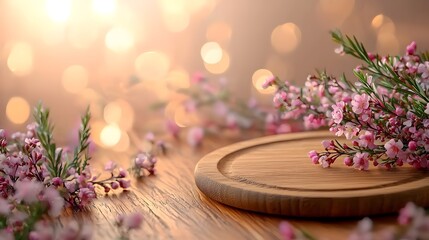 Aufkleber - Elegant wooden plate on a beautiful floral backdrop with a soft glowing bokeh effect creating a warm and serene atmosphere for food photography or product display