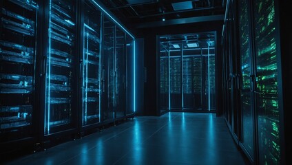 Wall Mural - a dark, high-tech data technology center filled with glowing server racks, symbolizing the internet 