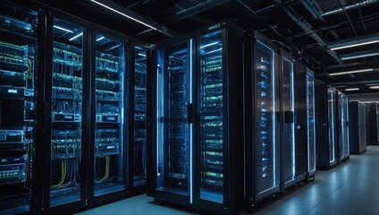 Wall Mural - a dark, high-tech data technology center filled with glowing server racks, symbolizing the internet 