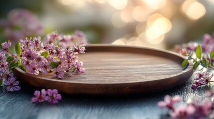 Aufkleber - Elegant wooden plate set on a warm glowing backdrop with a soft bokeh effect creating a serene and inviting environment for food photography and product styling