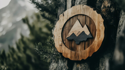 Wall Mural - a wooden sign with mountains on it is hanging on a tree