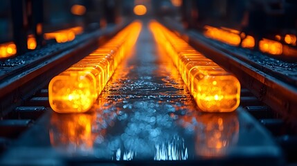 Poster - Glowing metal rods moving along a conveyor system under intense heat and light conditions in an industrial factory setting  The rods are emitting a bright