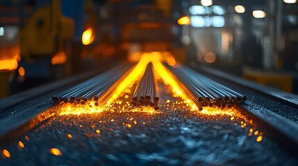 Poster - Intense industrial scene featuring glowing metal rods on a conveyor belt captured in high definition with radiant heat effects