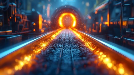Poster - Intense industrial scene featuring glowing metal rods on a high speed conveyor belt captured in high definition with radiant heat effects and a futuristic dynamic atmosphere