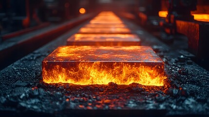 Poster - Intense Glow of Heated Metal Rods Moving Along Industrial Conveyor System in Factory Environment  High Temperature Metalworking Process with Molten Textures and Bright Orange Hues