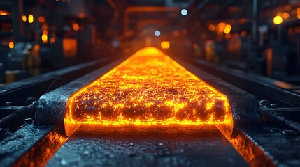 Poster - Intense industrial scene featuring glowing metal rods on a conveyor belt captured in high definition with radiant heat effects