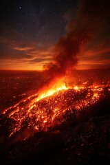 Wall Mural - Night sky, fiery wildfire raging across landscape.