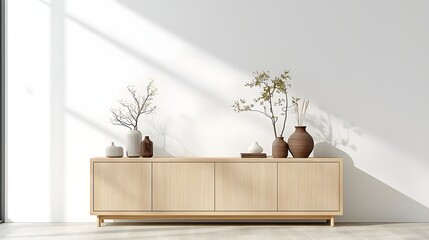 Aufkleber - Minimalist and Elegant Modern Living Room Design with a Wooden Cabinet Displaying Subtle Decorative Items and Accent Pieces Against a Clean White Wall Backdrop