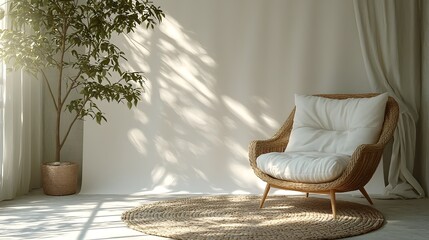 Aufkleber - Minimalist and modern sofa chair set against a bright sunlit studio backdrop creating a serene and tranquil ambiance with the addition of a lush verdant plant accent  The clean