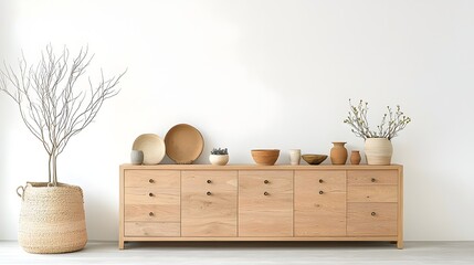 Aufkleber - Minimalist and Stylish Wooden Cabinet Decor in a Clean Modern Living Space with a Plain White Wall Backdrop  The Minimal Accessories and Natural Elements Create a Peaceful and Tranquil Atmosphere