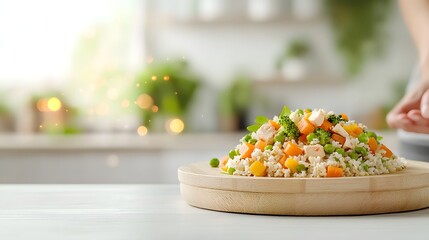 Fototapete - Minimalist food photography setup featuring a wooden plate as a side background with a glowing bokeh effect that enhances the scene showcasing a vibrant and appetizing vegetable salad